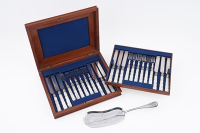 Lot 388 - A Victorian canteen of cutlery; together with a silver-plated crumb scoop.