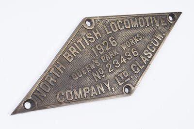 Lot 742 - A brass North British Locomotive Company Ltd Glasgow Queens Park Works plate