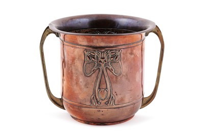 Lot 397 - Beldray: an Arts and Crafts brass and copper twin-handled vase
