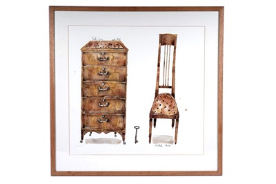 Lot 652 - Janice Gray - Tall boy and Key, Cheetah Chair | watercolour
