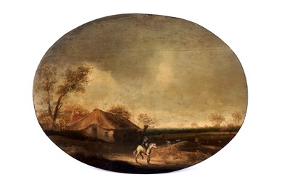 Lot 1582 - 18th Century British School - Rural farm scene with horse and rider | oil