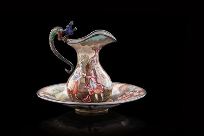 Lot 365 - A late 19th Century Austro-Hungarian miniature silver-gilt and enamel ewer and basin