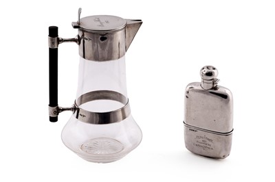 Lot 189 - A George V silver mounted clear glass claret jug and silver hip flask