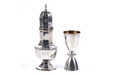 Lot 184 - A George VI silver sugar caster; and an Elizabeth II silver spirit measure