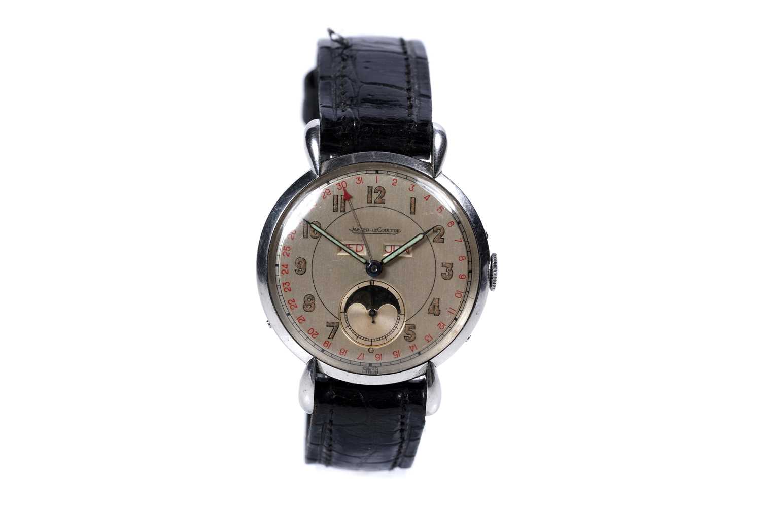 Lot 783 - Jaeger LeCoultre: a rare stainless steel cased triple calendar moon phase manual wind wristwatch