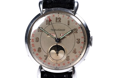 Lot 783 - Jaeger LeCoultre: a rare stainless steel cased triple calendar moon phase manual wind wristwatch