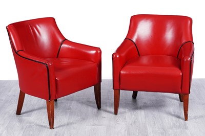 Lot 150 - A pair of black and red leather tub armchairs