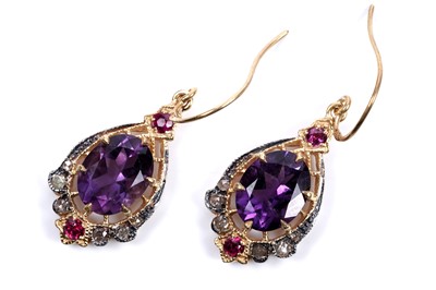Lot 48 - A pair of amethyst, ruby and diamond drop earrings