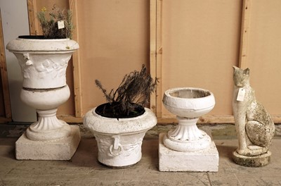 Lot 419 - A pair of composite garden Neo Classical urns; and a composite garden figure of a cat
