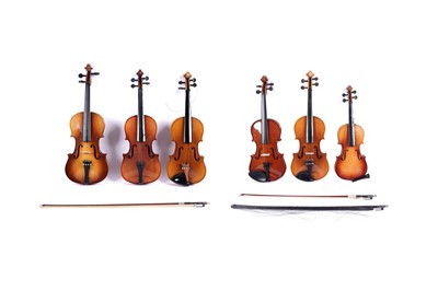 Lot 436 - Six student and half-sized violins