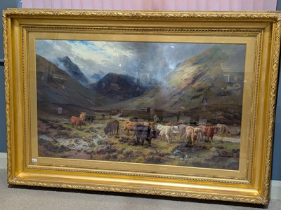 Lot 258 - Louis Bosworth Hurt - Highland Cattle watering in a Mountain Glen | oil