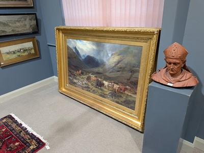 Lot 258 - Louis Bosworth Hurt - Highland Cattle watering in a Mountain Glen | oil