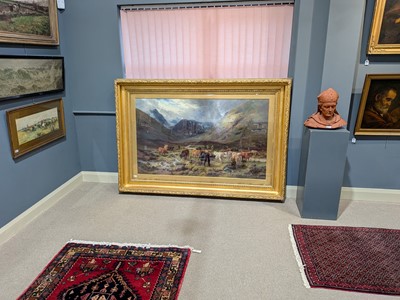 Lot 258 - Louis Bosworth Hurt - Highland Cattle watering in a Mountain Glen | oil