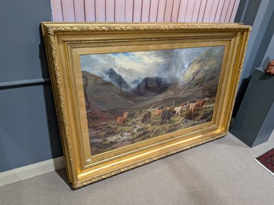 Lot 258 - Louis Bosworth Hurt - Highland Cattle watering in a Mountain Glen | oil