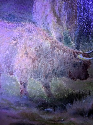 Lot 258 - Louis Bosworth Hurt - Highland Cattle watering in a Mountain Glen | oil