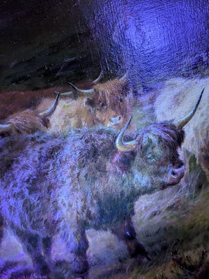 Lot 258 - Louis Bosworth Hurt - Highland Cattle watering in a Mountain Glen | oil