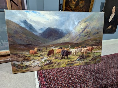 Lot 258 - Louis Bosworth Hurt - Highland Cattle watering in a Mountain Glen | oil