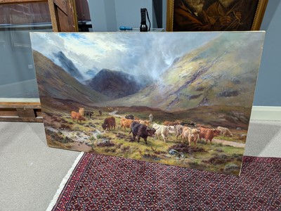 Lot 258 - Louis Bosworth Hurt - Highland Cattle watering in a Mountain Glen | oil