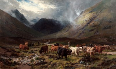 Lot 258 - Louis Bosworth Hurt - Highland Cattle watering in a Mountain Glen | oil