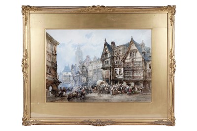Lot 647 - Paul Marny - Bustling street view in a Flemish town | watercolour