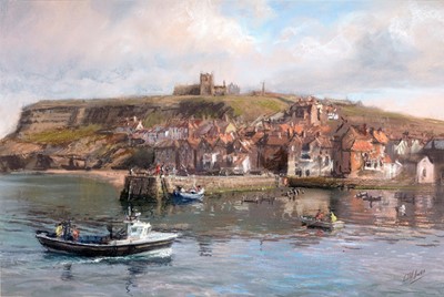 Lot 1644 - Walter Holmes - A Sunny Day in Whitby Harbour | pastel