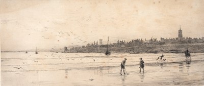 Lot 226 - William Lionel Wyllie - Children playing golf on the sands at St Andrews | etching