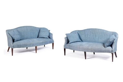 Lot 551 - A matched pair of Georgian camel back style three-seater sofas