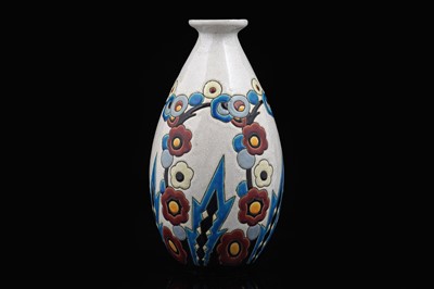 Lot 369 - Charles Catteau for Keramis Boch Frères: a tapering vase; and an associated stepped glass base