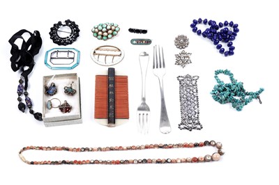 Lot 3 - Antique and vintage costume jewellery; a Chinese hair comb; and two Georgian silver forks