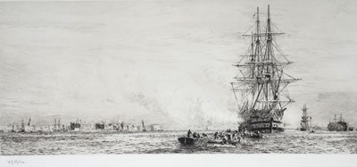 Lot 220 - William Lionel Wyllie - HMS Victory firing a salute in Portsmouth Harbour