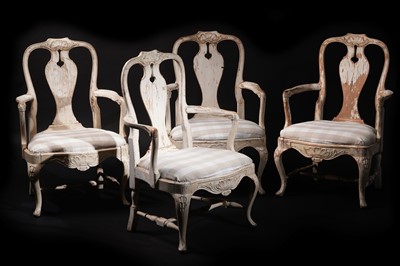 Lot 550 - A set of four 19th Century Swedish style white painted open armchairs