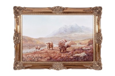 Lot 1586 - Arthur Lokie - Highland cattle in a Scottish landscape | oil