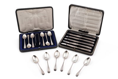 Lot 95 - Silver teaspoons; tea knives; and sugar tongs