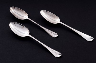 Lot 499 - An early George II silver tablespoon; and a pair of similar George I silver tablespoons
