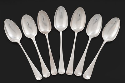 Lot 517 - Seven various George II/III silver fancy back tablespoons