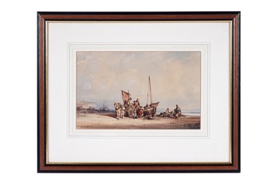 Lot 1645 - Auguste Delacroix - Seascape with figures gathered around a sailboat | watercolour