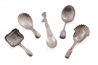 Lot 239 - A contemporary silver hand-made spoon; and four antique silver caddy spoons