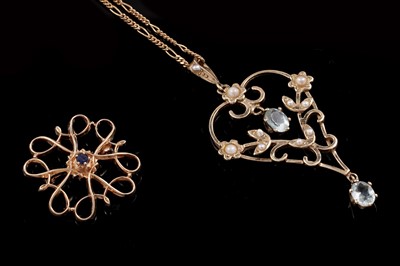 Lot 6 - An Edwardian style seed pearl and aquamarine pendant; and a 9ct yellow gold and sapphire brooch
