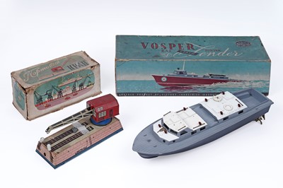 Lot 726 - A boxed Russian tin plate model of a quayside crane; and CV Models Vosper R.A.F. Crash Fender