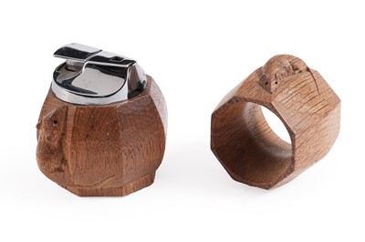 Lot 491 - Robert ‘Mouseman’ Thompson: an adzed oak napkin ring; and a table lighter