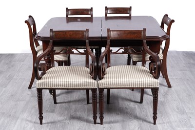 Lot 21 - A set of six late Regency brass inlaid mahogany dining chairs; and extending dining table