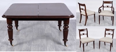 Lot 21 - A set of six late Regency brass inlaid mahogany dining chairs; and extending dining table