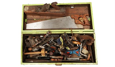 Lot 387 - A painted wooden tool box containing various hand tools