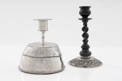 Lot 131 - A late Victorian silver mounted candlestick; also another late Victorian silver candlestick