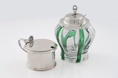 Lot 133 - A Victorian silver drum mustard pot; and a late Victorian silver mounted clear glass preserve jar