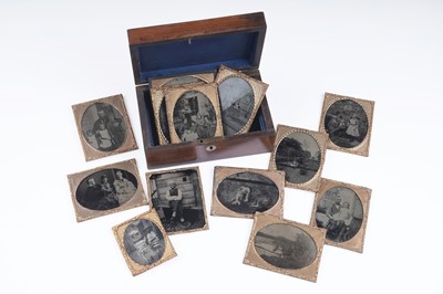 Lot 705 - 19th Century ferrotype or "tintype" photographs; with a mother-of-pearl inlaid jewellery box