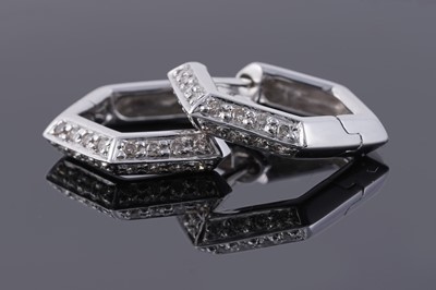 Lot 80 - A pair of diamond set hexagonal pattern hoop earrings