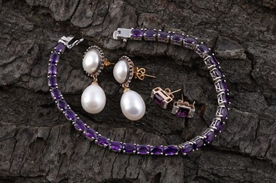 Lot 97 - Two pairs of earrings; and an amethyst and silver line bracelet
