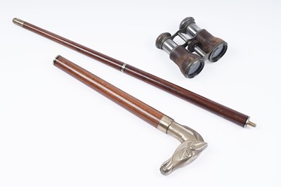 Lot 779 - A three-section collapsible polished-hardwood walking-cane; and a pair of sporting field-glasses