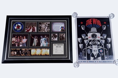 Lot 241 - The Who montage, with a signed Pete Townshend titlepage from his autobiography; and a poster